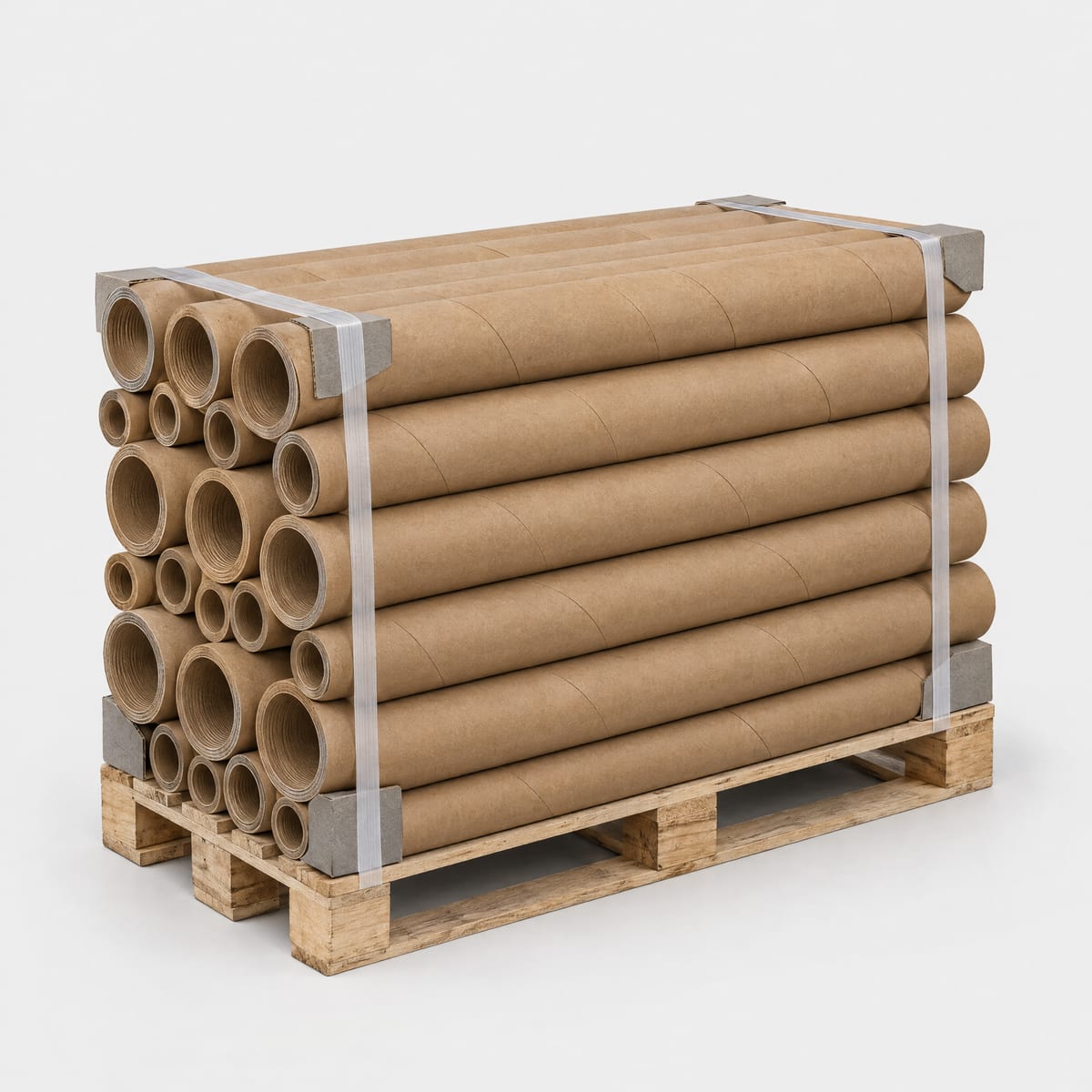 Paper cores in staggered rows on a pallet ready for the truck