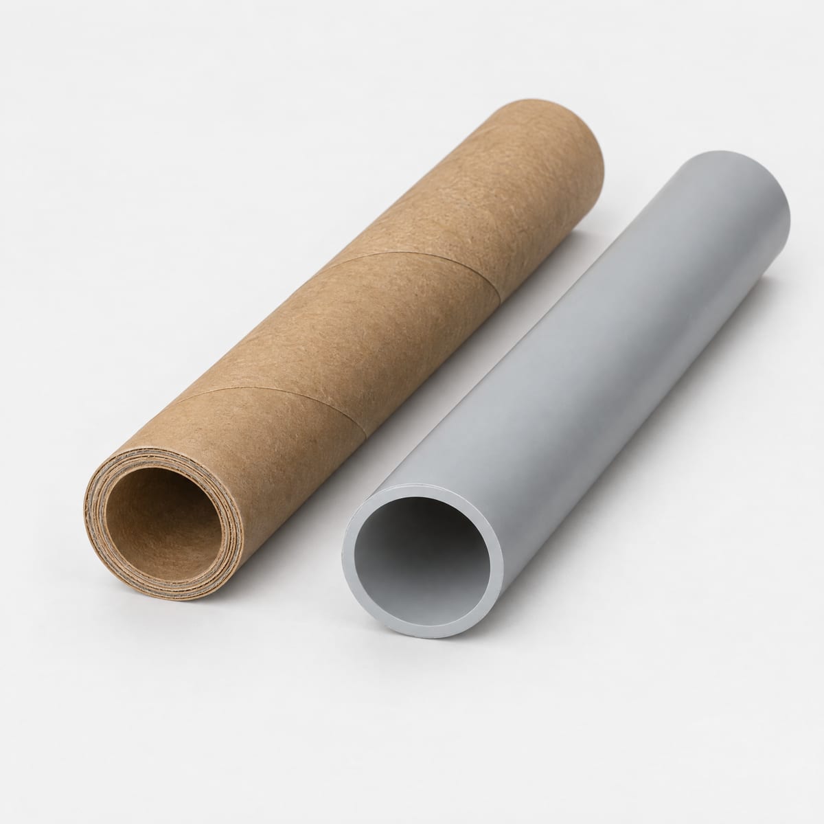 A paper core next to a plastic core